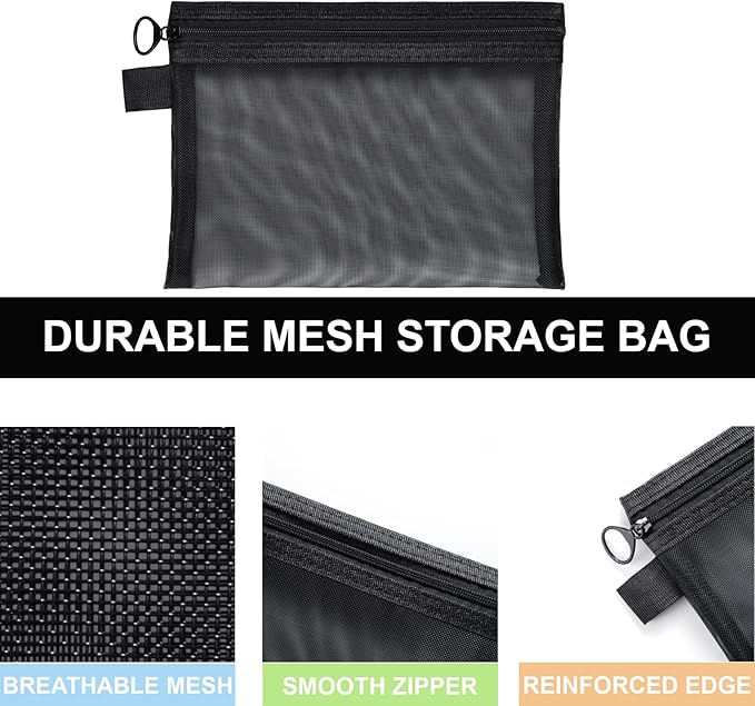 Quotidian Flat Clear Mesh Zippered Pencil Pouch White Travel Bag Makeup Organizer 3-Size Pack of 9 - Business Trip Fitness Purse Insert