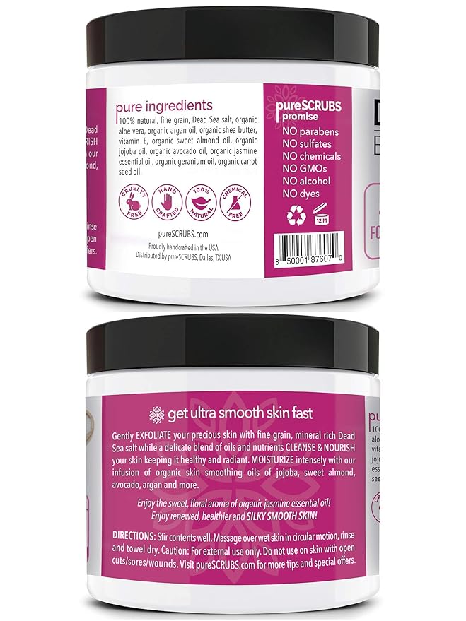 pureSCRUBS Premium Jasmine Body Scrub Set - Large 16oz Dead Sea Salt Body Scrub With Infused Essential Oils & Nutrients Includes Wooden Spoon, Loofah & Oatmeal Exfoliating Bar Soap