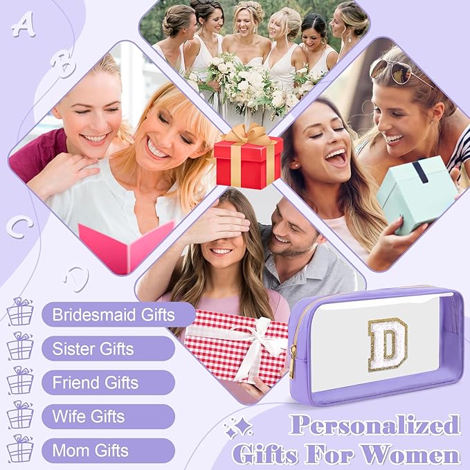 Personalized Initial Letter Clear Makeup Bag,Preppy Small Nylon&PVC Cosmetic Zipper Bag with Chenille Letter,Travel Skincare Toiletry Bag,Monogram Christmas Gift for Teen Girls Women,D