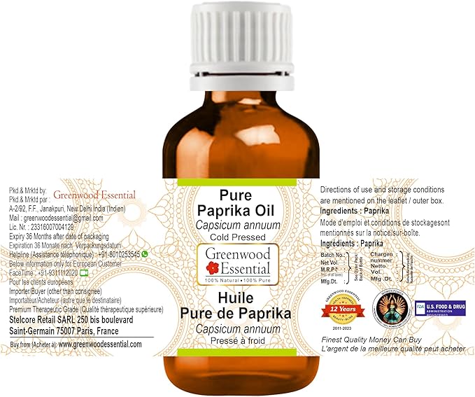 Greenwood Essential Pure Paprika Oil (Capsicum annuum) Cold Pressed (Pack of five) 100ml X 5 (16.9 oz)