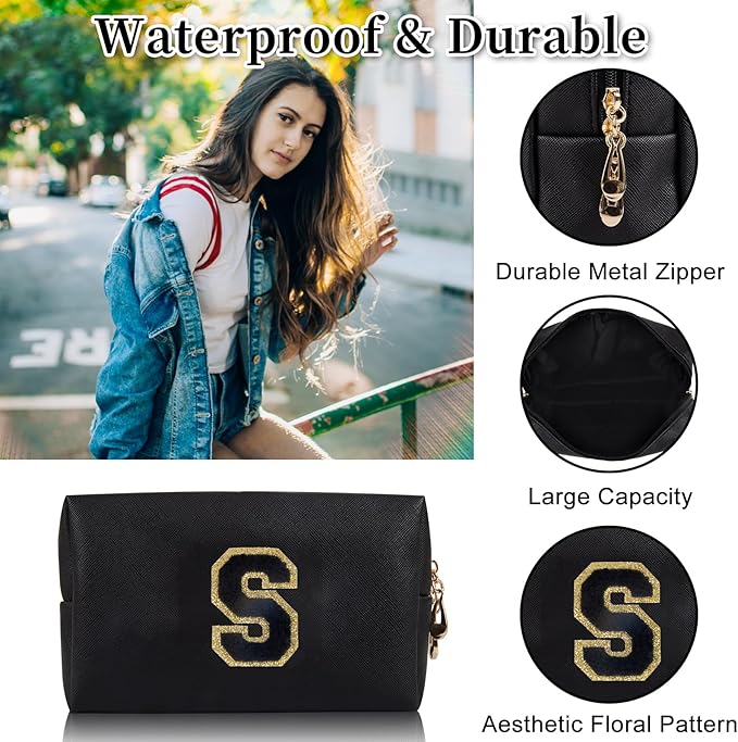 Personalized Initial Letter Patch Makeup Bag, Preppy Portable Chenille Cosmetic Bag with Zipper, PU Leather Waterproof Travel Toiletry Bag Monogram Make Up Pouch for Women Girls