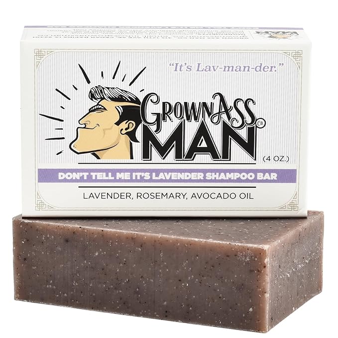 Grown Ass Man Co. - Solid Shampoo Bar Rich Lather 3 in 1: Hair, Beard & Body Wash - Plastic Free & Eco-Friendly, Natural & Organic for All Hair Types, 4oz Bar (Don't Tell Me It's Lavender, 6-Pack)