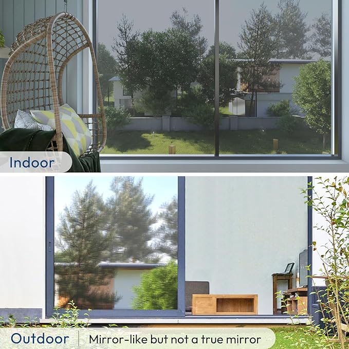 rabbitgoo Window Privacy Film One Way Window Tint for Home, Removable Reflective Heat Sun Blocking Anti UV Glass Door Covering, Mirror Tinting Film House Office, 23.6 in X 9.8 Feet, Silver