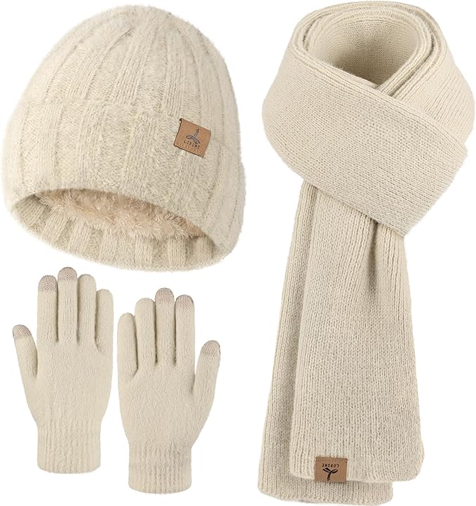 Winter Beanie Hat Scarf Gloves, Warm Fleece Knit Hat Long Scarf Neck Warmer Touch Screen Winter Gloves Set Gifts for Women