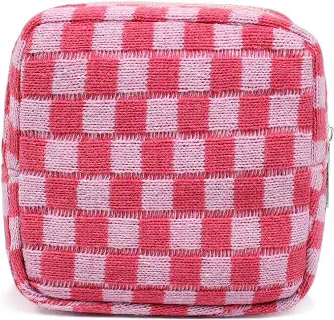 Small Pink Makeup Bag for Purse, Mini Checkered Cosmetic Bag Zipper Cute Make Up Pouch Travel Toiletry Case Quilted Aesthetic Accessories Makeup Storage Bag Organizer for Women Girls