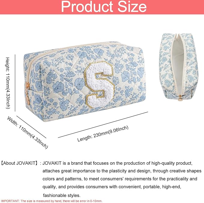 JOVAKIT Alphabet Makeup Bag Cosmetic Bag for Women, Christmas Gifts for Girls Age 6-18, Floral Flowers Coquette Travel Toiletry Zipper Make Up Pouch Organizer Trendy Stuff (2Pcs Blue Floral S)