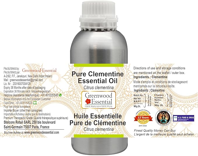 Greenwood Essential Pure Clementine Essential Oil (Citrus Clementina) Steam Distilled 300ml (10.1 oz)