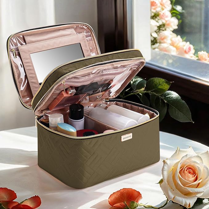 8.8L Double Layer Travel Makeup Bag With Mirror For Women, Large Cosmetic Case, Organizer for Travel-Size Accessories Bottles, Brushes,and Skin Care Products, 2.33 GAL, Brown…
