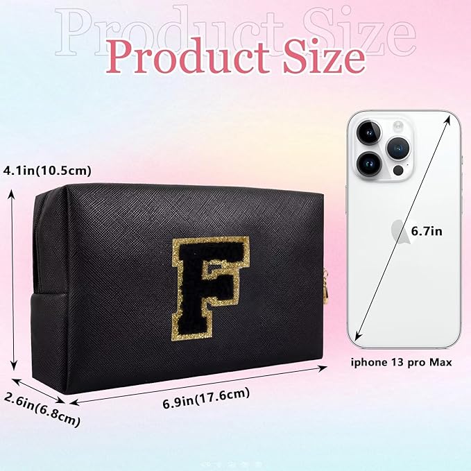 Small Personalized Letter Makeup Bag, Cute PU Leather Chenille Letters Cosmetic Bag Travel Makeup Pouch, Preppy Travel Organizer Zipper Pouch for Women&Girls（Black-F）
