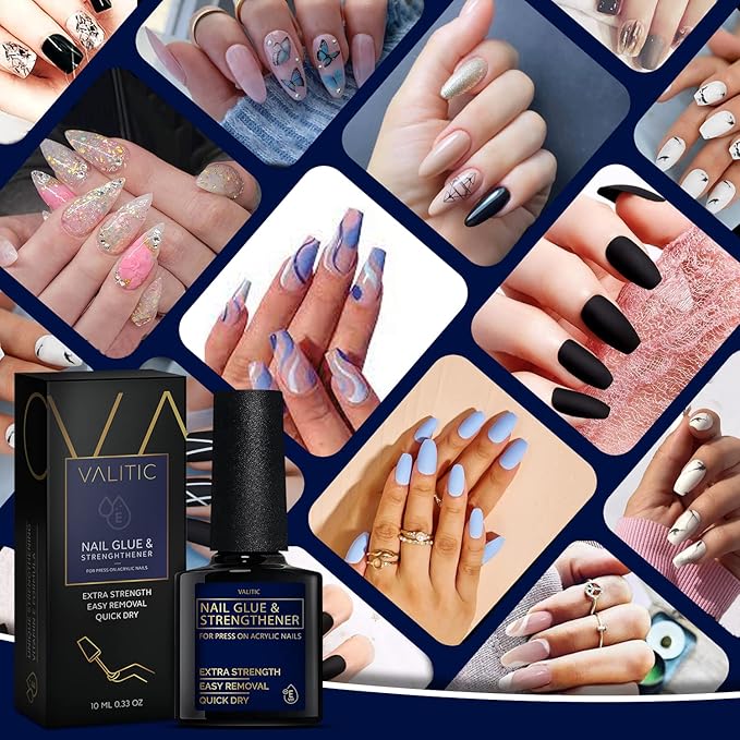 Valitic Strong Nail Glue and Strengthener for Acrylic and Press On Nails - Quick Dry Brush On Gel for Long Lasting Effect - Adhesive Nail Bond for False Nails with Tips Strengthener - 4 PACK