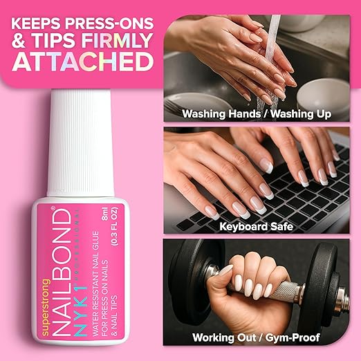 Super Strong Nail Glue for Press On Nails, Nail Tips & Acrylic Fake Nails (8ml) NYK1 NailBond Brush On Glue for Press Ons, Tips & Acrylics - Long Lasting, Maximum Strength, Mess-Free Application