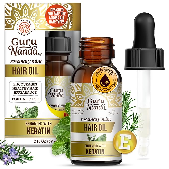 GuruNanda Rosemary Mint for Hair Growth with Keratin & Vitamin E Oil - Encourages Scalp, Shine & Hair Strengthening- 100% Natural, Cruelty-Free, 2oz