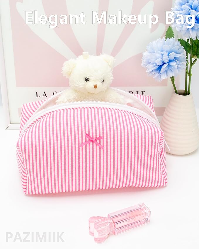 PAZIMIIK Cozy Makeup Bag Small Aesthetic Travel Zipper Cosmetic Pouch for Women Make Up Beauty Accessories Brushes, Stripe Hotpink