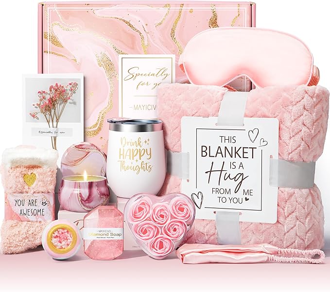 Birthday Gifts for Women Self Care Gifts Get Well Soon Gifts, Rose Relaxing Spa Gifts Basket Care Package w/ Luxury Flannel Blanket, Unique Christmas Gifts for Mom Her Friend Sister Wife Grandma