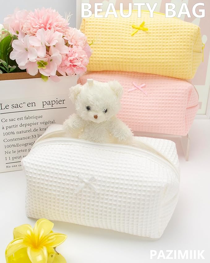PAZIMIIK 6PCS Cozy Makeup Bag Travel Cosmetic Bag for Women Soft Toiletry Bag Aesthetic Makeup Organizer Portable Large Zipper Pouch for Skincare Beauty Accessories Brushes Waffle Check Cream White