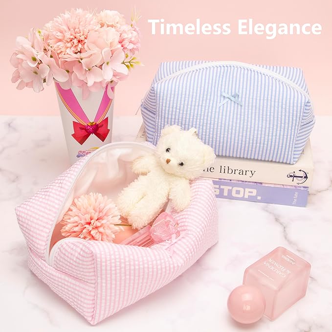 PAZIMIIK 2PCS Cozy Makeup Bag Travel Cosmetic Bag for Women Soft Toiletry Bag Aesthetic Makeup Organizer Portable Large Zipper Pouch for Skincare Beauty Accessories Brushes Stripe Pink