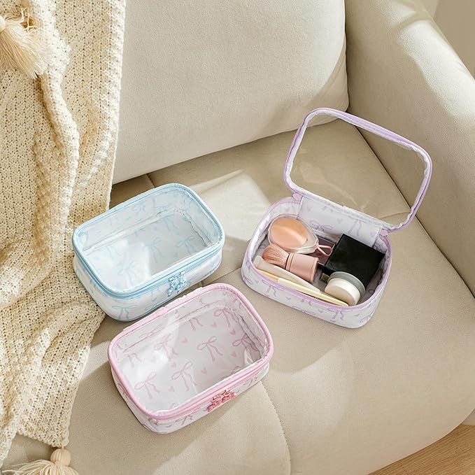 Cute Clear Makeup Bag with Bow Pattern,Transparent Nylon Travel Cosmetic Case with Zipper,Portable Makeup Organizer Pouch for Essentials(01Pink)