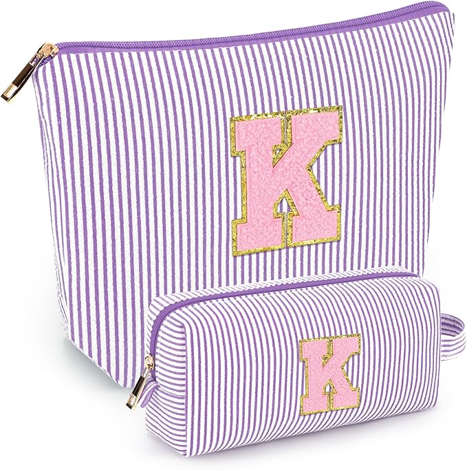 mibasies 2 PCS Initial Makeup Bags for Women: - Birthday Gifts for Teen Girls 11 12 13 14 15 16 Years Old - Preppy Trendy Stuff - Cosmetic Bag for Travel Toiletry - Purple K