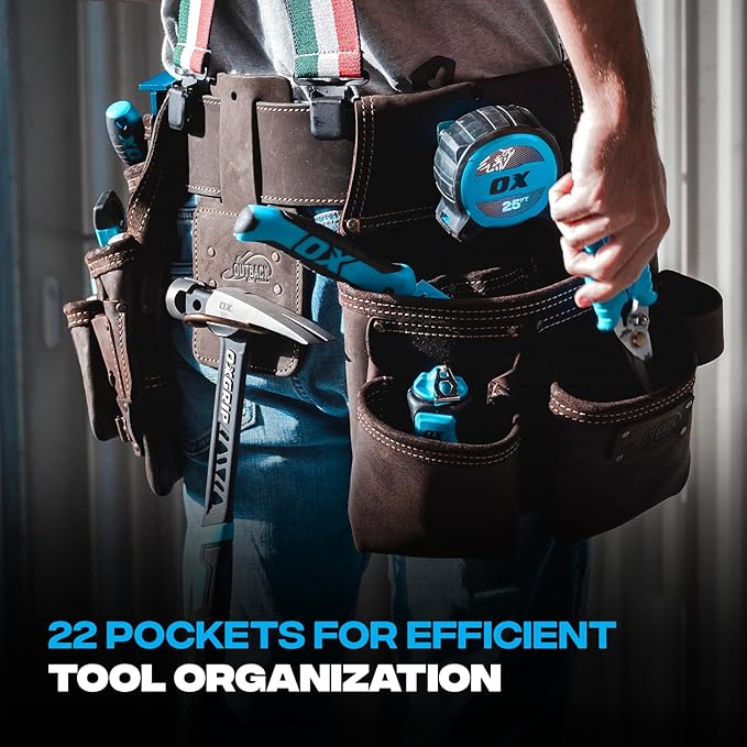 Ox Pro Construction Tool Belt - 22-Pocket Leather Tool Belt Pouches - (XL) Belt Made of Oil-Tanned Leather with Double-Stitching and Steel Rivets - OX-P263603