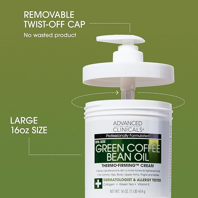 Advanced Clinicals Green Coffee Bean Oil Thermo - Firming Body Lotion | Caffeine Infused Collagen Cream Moisturizer & Body Cream For Women & To Improve Look Of Textured Crepey Skin, W/Travel Size