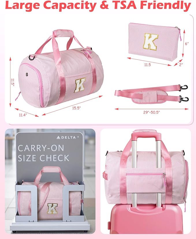Gift for Grandkids, Girls Travel Duffle Bag, Kids Initial Overnight Bags with Shoe Compartment, Personalized Weekender Bag with Makeup Pouch, Niece Daughter Sister Birthday Gift (Letter L)