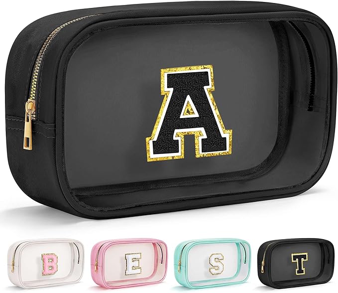 YOOLIFE Initial Makeup Bag Travel Toiletry Bag Clear Makeup Bag Cosmetic Bags Travel Essentials Gifts for Girls Teen Girlfriend Teacher Birthday Birthday Gifts for Kids Black Graduation Gifts A