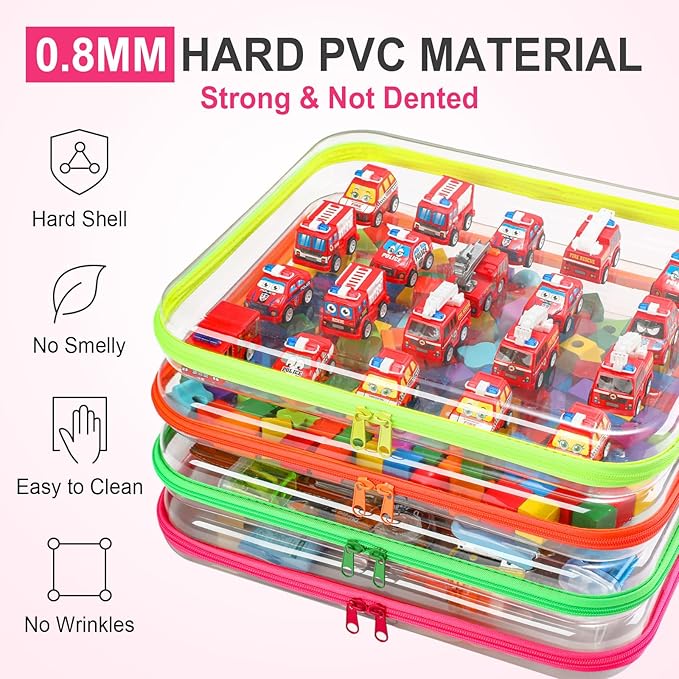 Hoolerry 4 Pcs Hard Clear Zipper Case Makeup Bags Plastic Pencil Pouch Transparent Storage Box Containers for Cosmetics, Snacks, Building Blocks, Puzzles(Fluorescent,13.8 x 11.8 x 2 in)