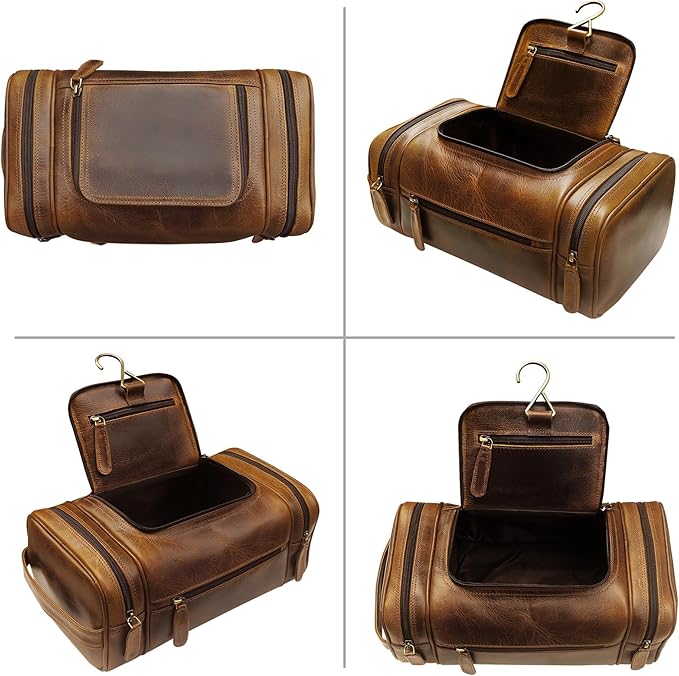 ELIZO Genuine Leather Toiletry Bag for Men Mens Toiletry Bags for Traveling Waterproof Hanging Leather Dopp Kit w/Hook Extra largeToiletry Bag Travel Organizer for Toiletries