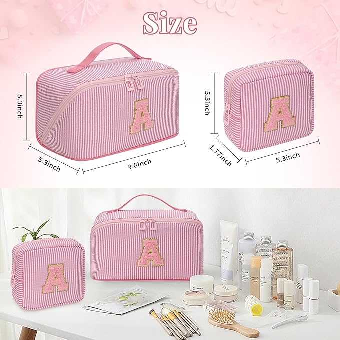 Travel Makeup Bag for Women, 2Pcs Portable Personalized Initial Makeup Organizer Bag, Open Flat Large Cosmetic Bag With Travel Essential Pouch (Pink Letter V)