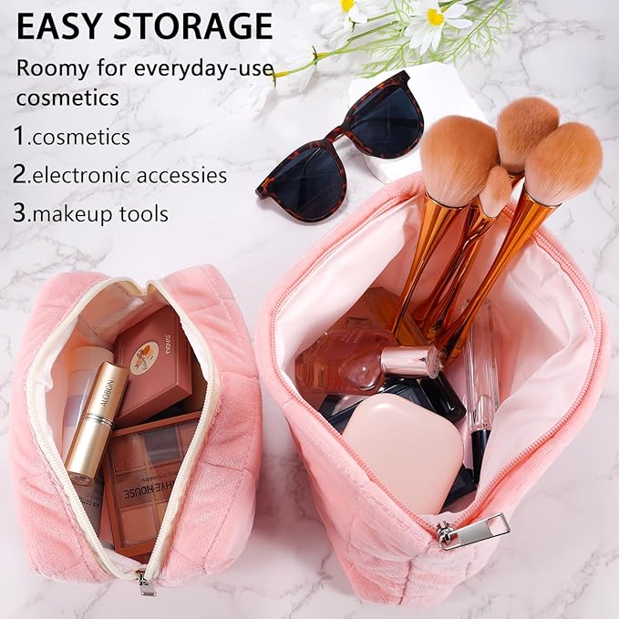 ZLFSRQ 2Pcs Makeup Bag for Women Trendy Large Capacity Cosmetic Bags Plush Pencil Case Pink Checkered Pouch for Purse Coquette Zippered Toiletry Bag Organizer Y2K Aesthetic Pencil Pouch