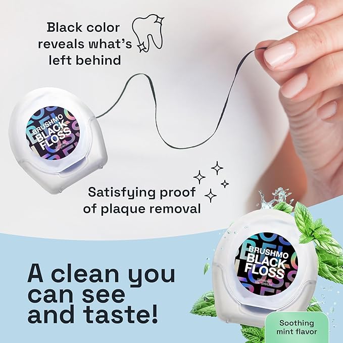 Brushmo Black Floss (BBFloss) - Expanding Floss, Gum-Friendly Soothing Mint Dental Floss, Natural Vegan Wax to Remove Plaque from Teeth, Dentist Designed PTFE & PFAS Free Oral Care, 3 Spools, 163 yd
