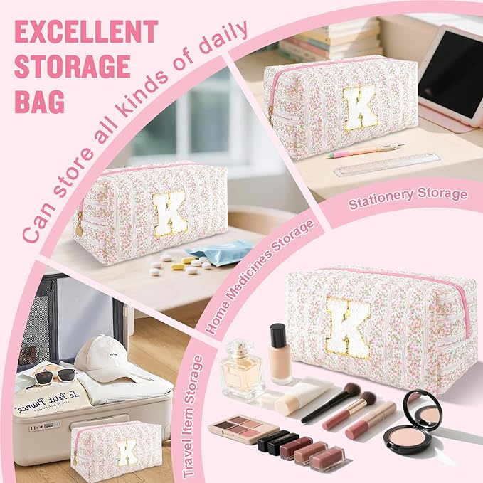 Personalized Quilted Cosmetic Bag, Puffy Monogrammed Christmas Birthday Gifts for Women & Girls, Cute initial Floral Makeup Bag Puffer Coquette Bag, Aesthetic Travel Toiletry Zipper Pouch(Pink,K)