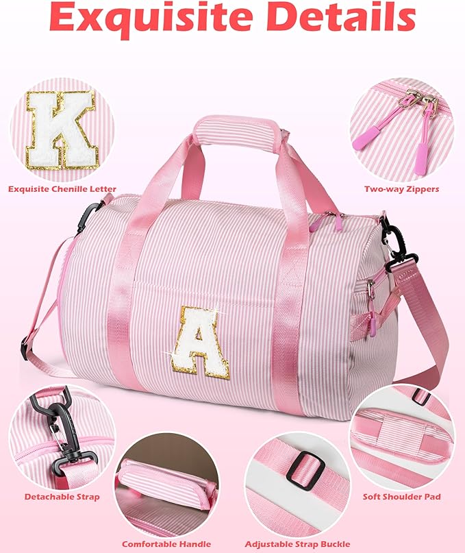Gifts for Teenage Girl, Girls Travel Duffle Bag, Kids Initial Overnight Bags with Shoe Compartment, Personalized Weekender Bag with Makeup Pouch, Girly Cute Stuff Trip Essentials (Letter J)