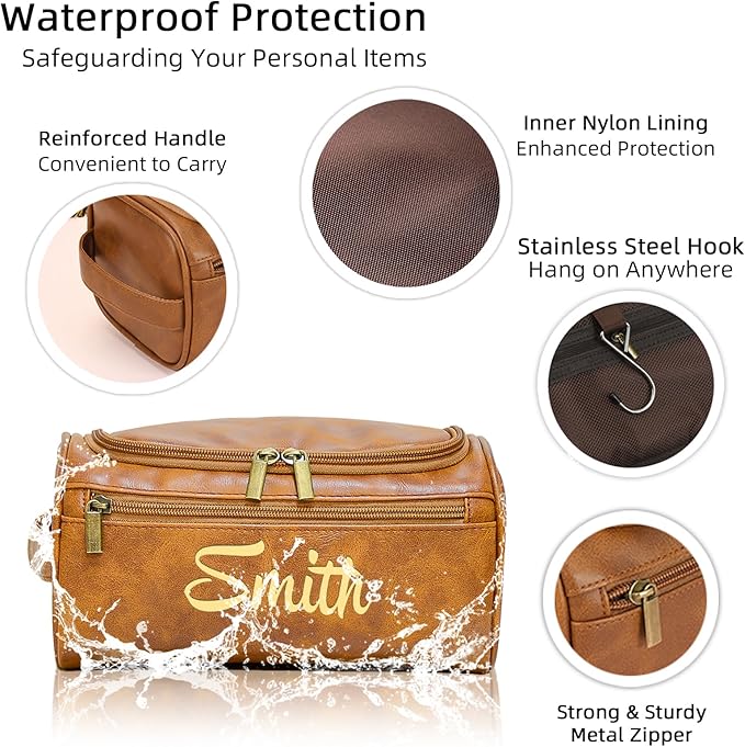 Personalized Toiletry Bag for Men, Engraved Name Initials Toiletry Bag, Customized Monogram Travel Shaving Dopp Kit for Groomsmen, Gift for Christmas, Birthday, Dad, Husband, Grandpa (Brown)