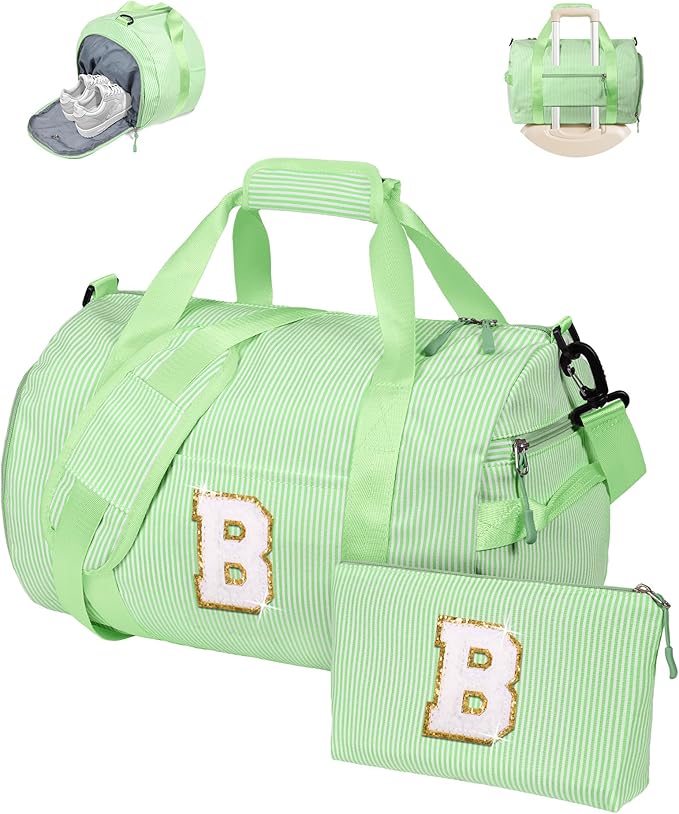 Birthday Gifts for Teenager, Girls Travel Duffle Bag, Kids Initial Overnight Bags with Shoe Compartment, Personalized Weekend Bag with Makeup Pouch, Preppy Stuff for Girl 8-12 (Letter B)