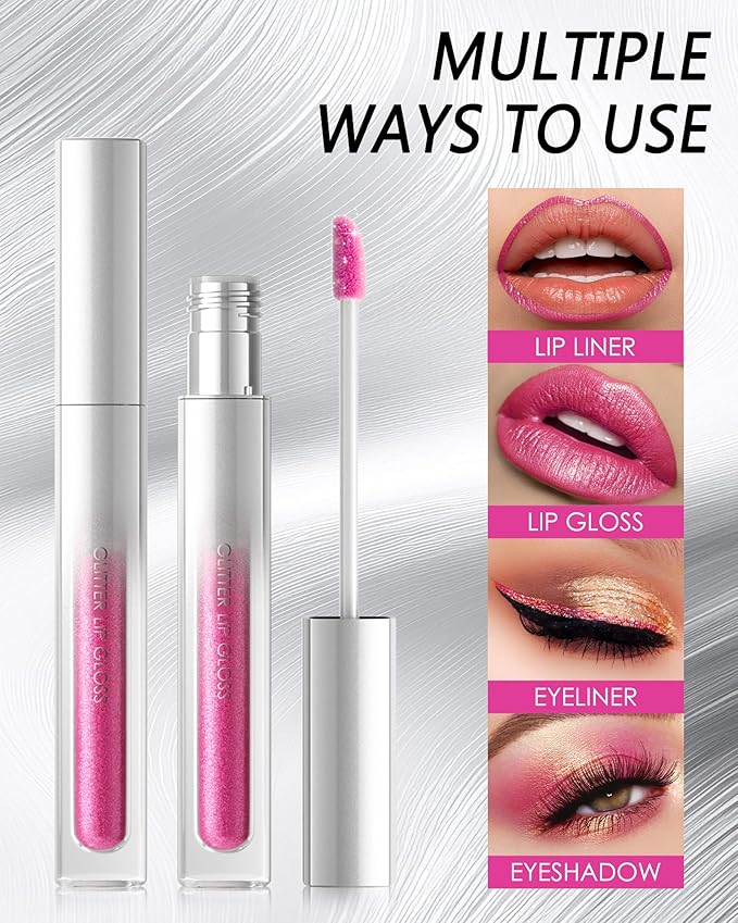 Glitter Sheer Silver Lip Gloss, Matte Metallic Shimmer Non-Stick Lip Gloss,Long-Lasting Waterproof Smudge Proof Liquid Lipstick Lipgloss,Sparkle Diamond Lip Tint Stain, Makeup Gift for Women Girl-01