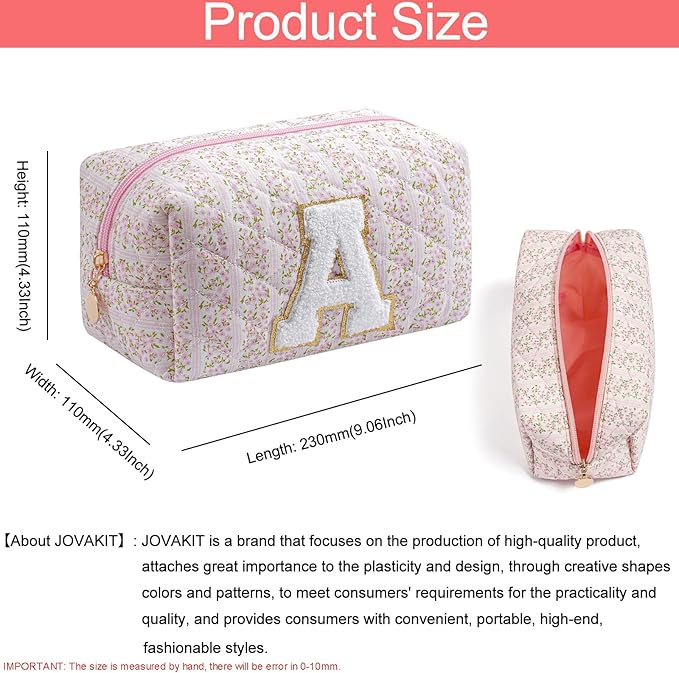 JOVAKIT Alphabet Makeup Bag Cosmetic Bag for Women, Christmas Gifts for Girls Age 6-18, Floral Flowers Coquette Travel Toiletry Zipper Make Up Pouch Organizer Trendy Stuff (Pink Floral A)