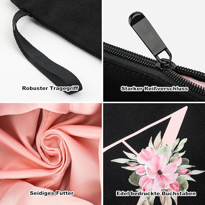 Vavabox A-Z Personalized Makeup Bag, Birthday Gifts for Women Mom, Gifts for Best Friend, Bride Bridesmaid Cosmetic bag (E, 04-Black Set)