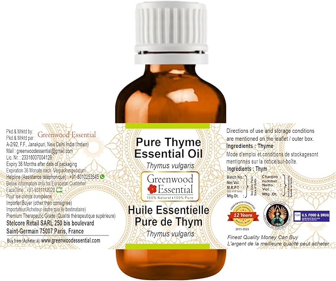 Greenwood Essential Thyme Essential Oil (Thymus vulgaris) Pure | Non-Sticky | Non-Greasy | Lightweight | Men & Women | All Skin Types | Steam Distilled 15ml (0.50 oz)