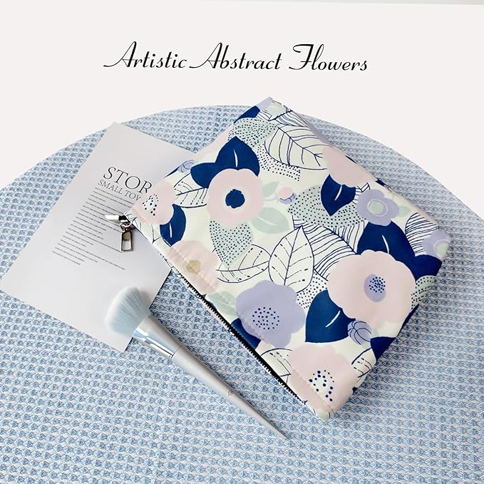 STARDW Aesthetic Floral Makeup Bag Cute Small Cosmetic Bags for Women Girls, Travel Toiletry Bag Large Capacity Zipper Makeup Pouch, Purse Organizer Pouches (Abstract Flowers)