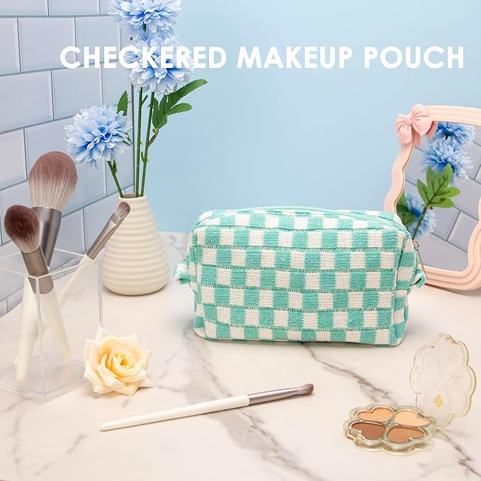 PAZIMIIK Checkered Makeup Bag for Purse Portable Zipper Make Up Pouch Small Cosmetic Case for Travel Accessories (2PCS Arctic Blue)