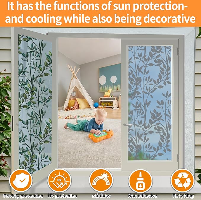One Way Privacy Film, Window Tint for Home,Daytime Reflective, Anti UV Static Cling Sliding Door Coverings No Glue Garage Solar Paper (Silver-Leaves, 45.27 x 78.7 in)