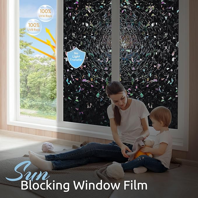 rabbitgoo Window Privacy Film Rainbow Film Decorative Window Sticker, 3D Static Stained Glass Cling Tint for Room Darkening Day Sleep, Black, 35.4 x 78.7 inches