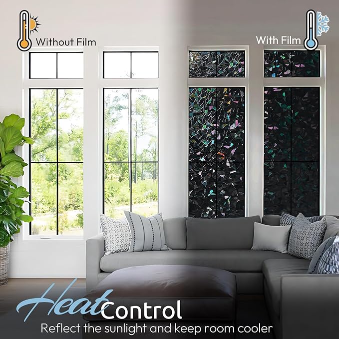 rabbitgoo Window Privacy Film Rainbow Film Decorative Window Sticker, 3D Static Stained Glass Cling Tint for Room Darkening Day Sleep, Black, 29.5 x 118.1 inches