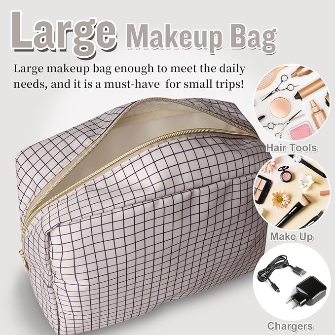 Nylon Large Checkered Makeup Bag Travel Pouch for Women, Big Preppy Makeup Bag Cute Cosmetic Zipper Pouch Purse,Waterproof Toiletry Bag Clutch Makeup Brush Organizer Pouch for Ladies Girls(Checkered)