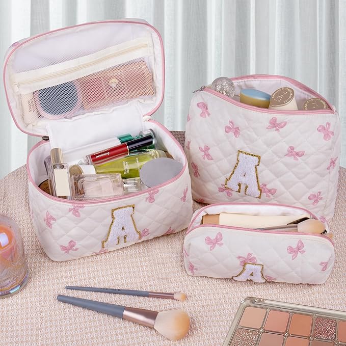 Initial Makeup Bag Set, Personalized Quilted Makeup Bag, Large Floral Cosmetic Bag for Women, Cute Cotton Custom Make up Bags, Flower Travel Toiletry Bag Teen Girl Gift Pink Butterfly K
