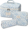 Makeup Bag, Large Quilted Cosmetic Bag, Big Floral Make Up Bag for Women Girls, Cute Cotton Makeup Bag Set, Flower Travel Toiletry Organizer Bag (Blue Flower)