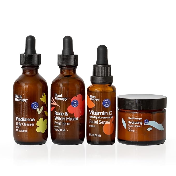 Plant Therapy Ready, Set, Glow- 4 Step Skin Care Set Includes Radiance Gel-Cream Cleanser, Rose & Witch Hazel Facial Toner, Vitamin C with Hyaluronic Acid Facial Serum & Hydrating Facial Cream