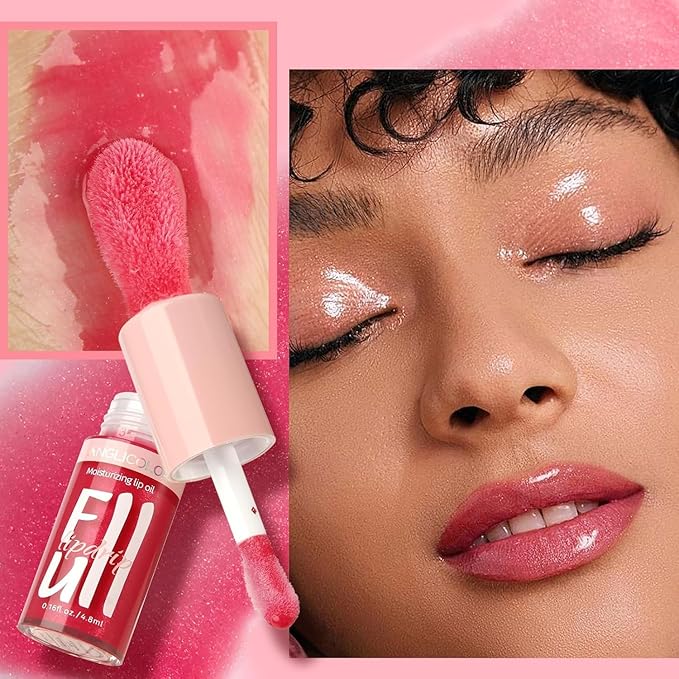 Anglicolor 2PC Lip Oil and Metallic Glitter Pink Lipstick,Natural Lip Plumper,Fruit Flavoured Lip Oil,For Dry Lip's Moisturizing Hydrating,Vegan & Cruelty-free (05 Athena+15)