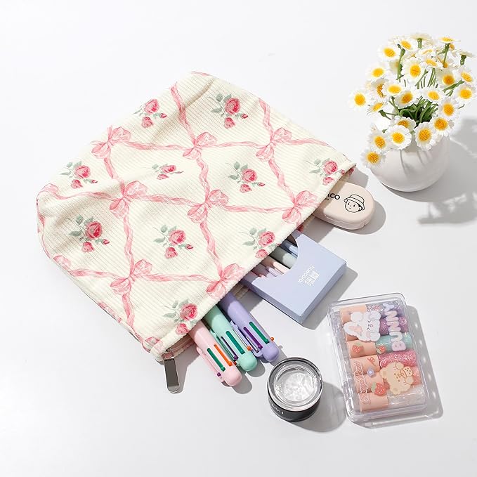 Cosmetic Bags for Women - Corduroy Cosmetic Bag Aesthetic Women Handbags Purses Smile Dots Makeup Organizer Storage Makeup Bag Girls Case Bags (Flowers-Navy blue)